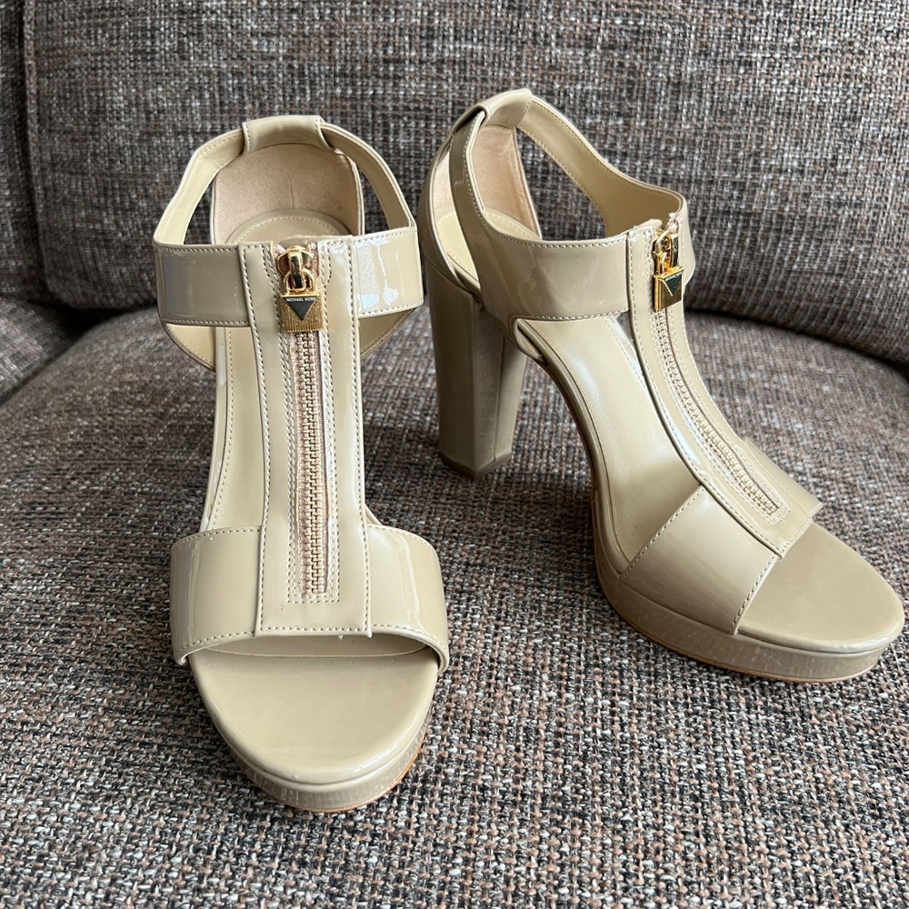 Michael Kors Beige Patent Leather Zip T-Strap Heels - Picture 2 of 9